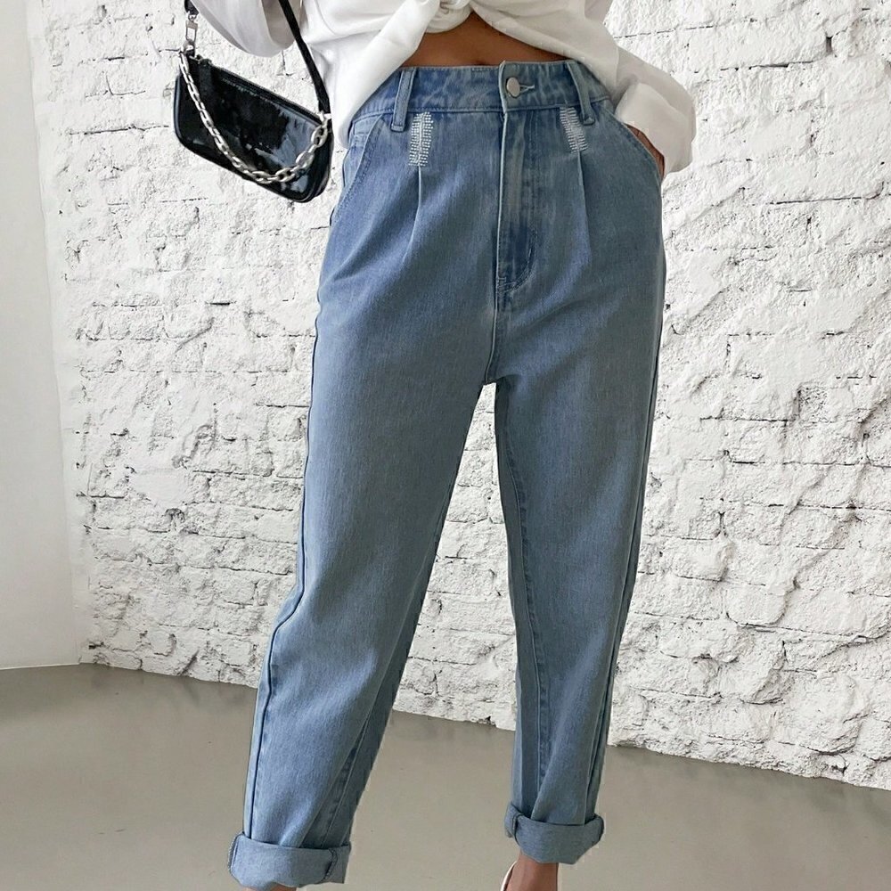 Blue Casual Womens High Waist Plicated Detail Mom Fit Jeans - Picture 5 of 5